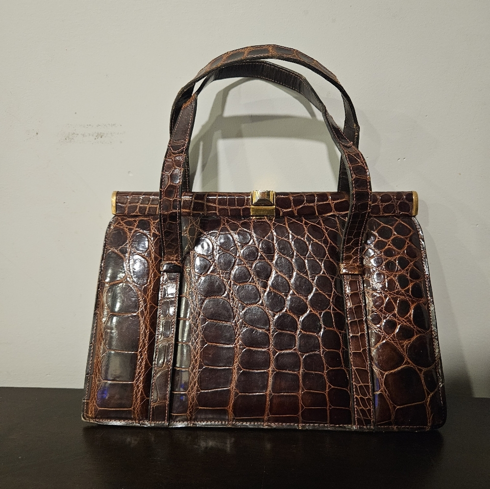 Vintage 1950s Deauville Alligator Purse Brown Leather With Twin Handles 🔥